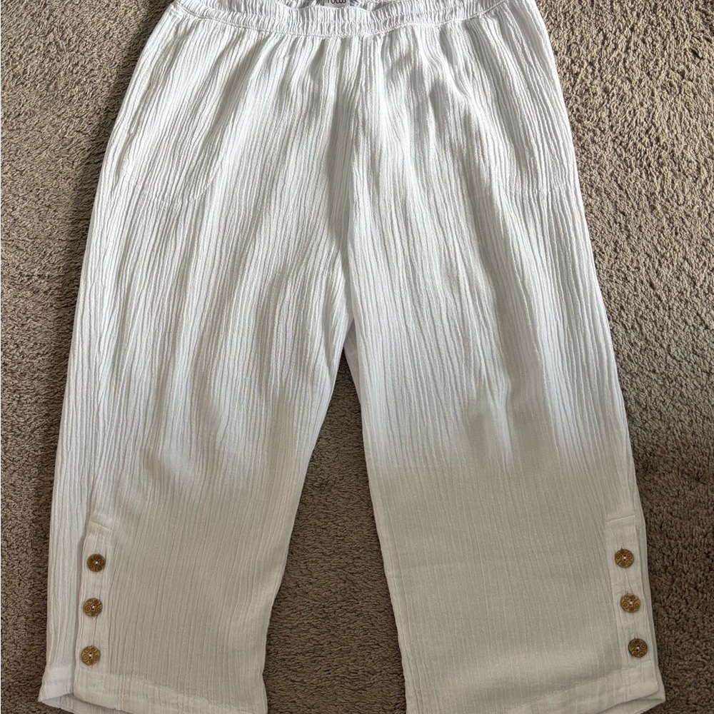 White Pull-onStraight Leg Gauze Cropped Pants